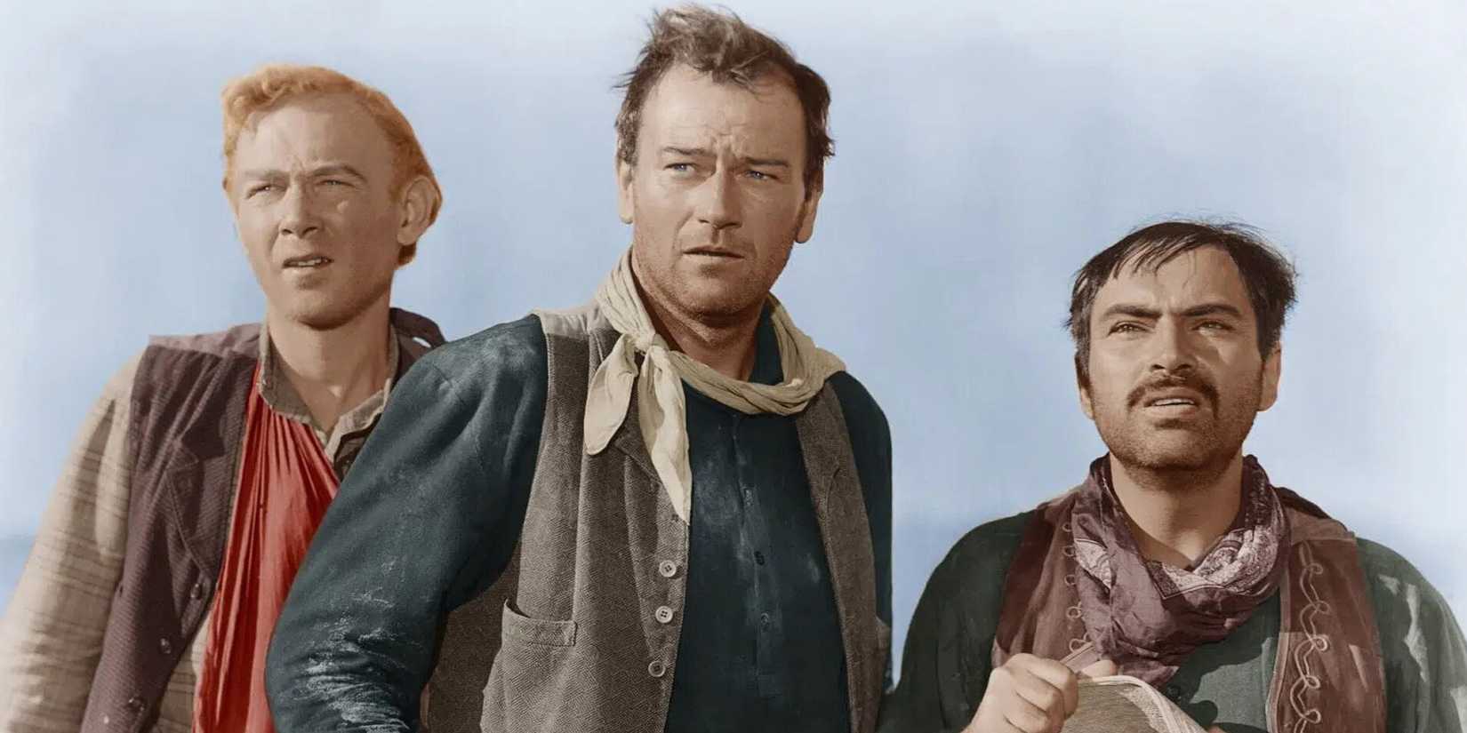 Close-up of Harry Carey Jr as William Kearney, John Wayne as Robert Hightower and Pedro Armanderiz as Pedro Roca Fuerte  in 3 Godfathers