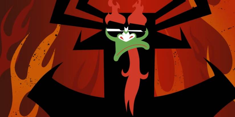 Aku from Samurai Jack smirking with a flaming background