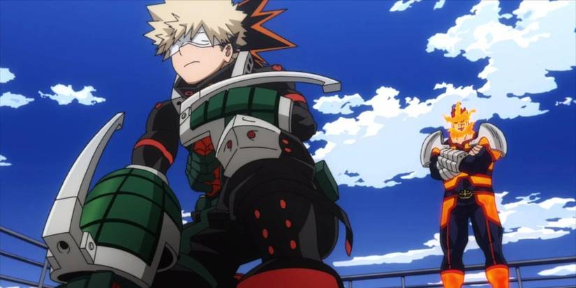 Bakugo kneels blindfolded in front of Endeavor in My Hero Academia