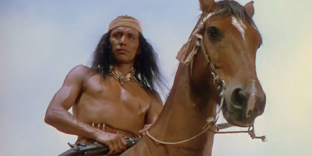 Geronimo, played by Jay Silverheels, on horseback in 'Broken Arrow'