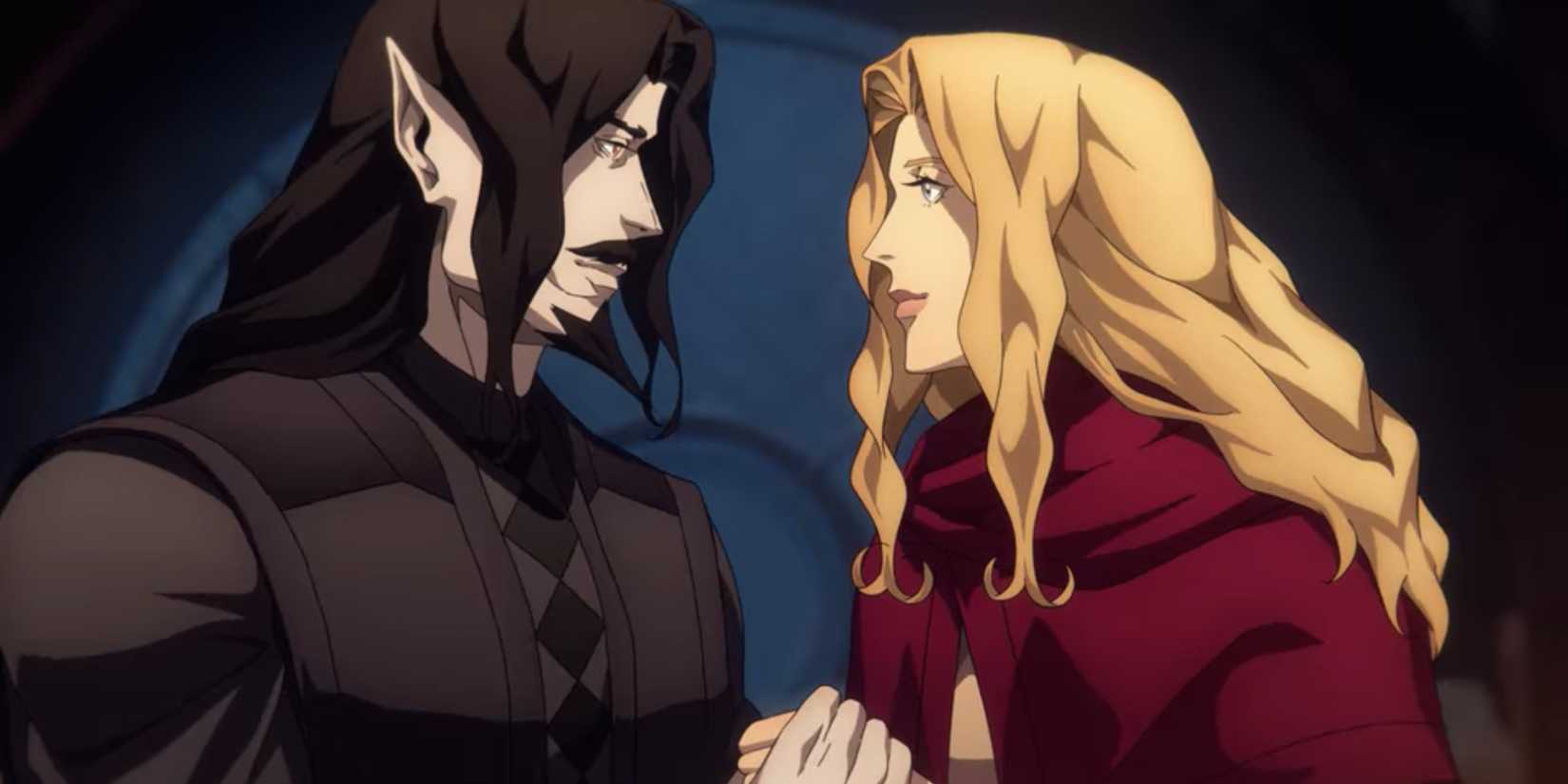Dracula and Lisa, voiced by Graham McTavish and Emily Swallow, hold hands and lock eyes in Castlevania.