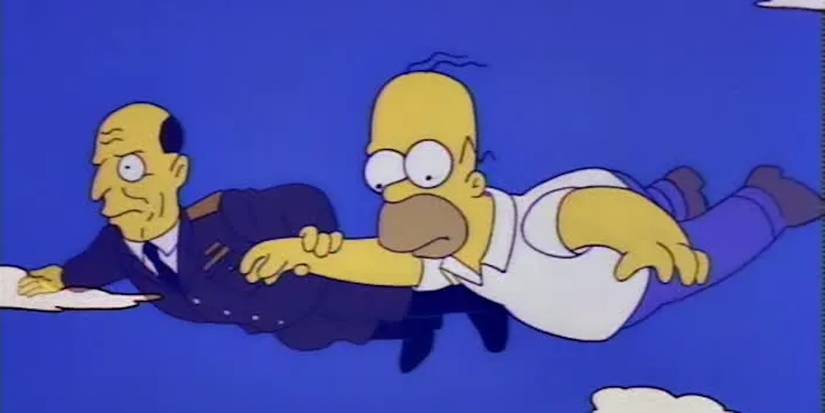 Colonel Klink and Homer flying through the air in The Simpsons episode The Last Temptation of Homer.
