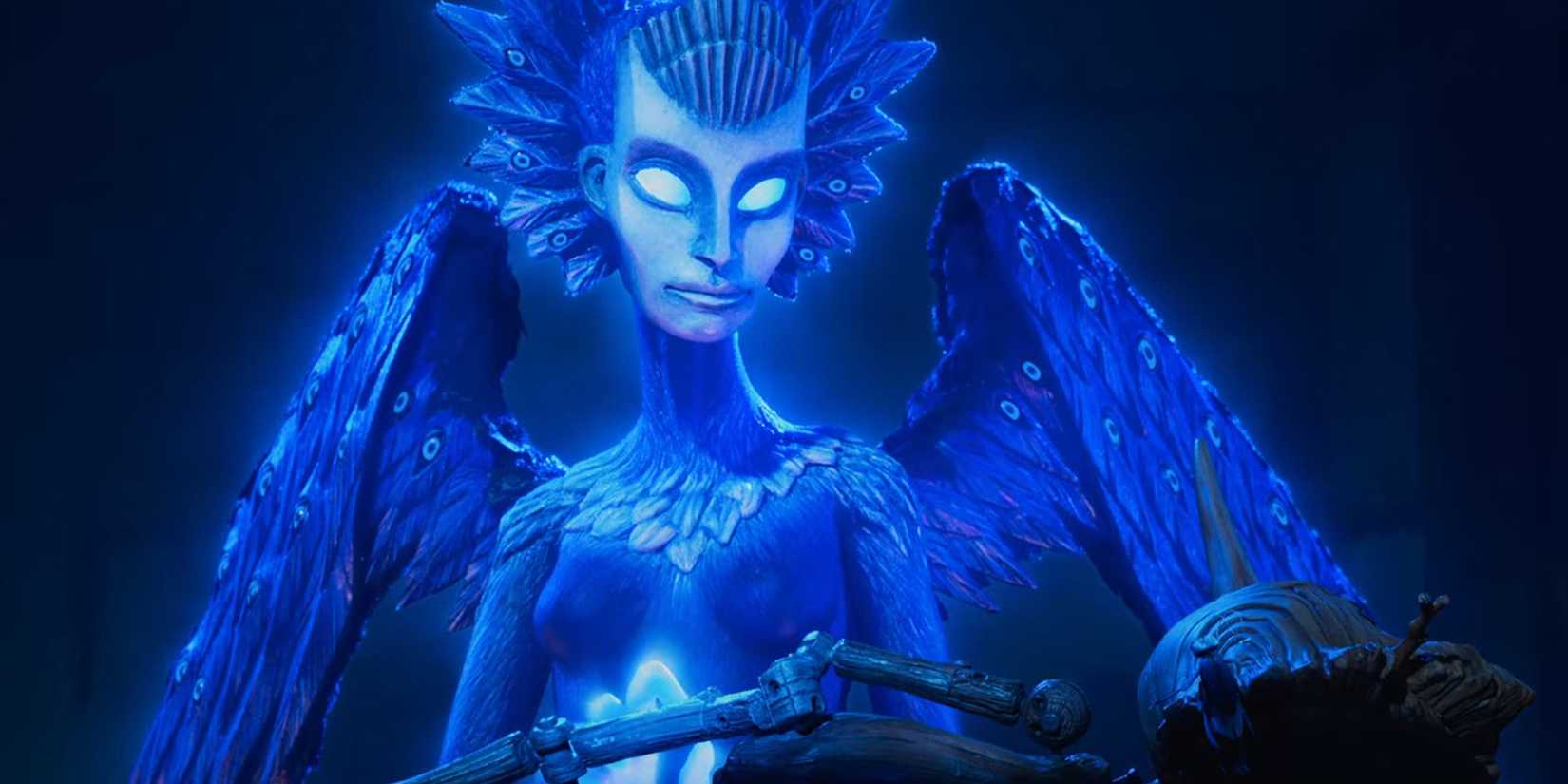 a creature of blue light speaking to a little wooden boy