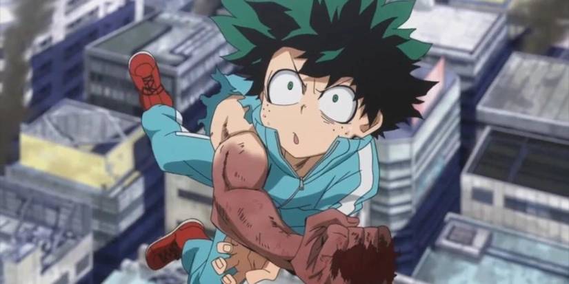 Deku flies through the air with a broken arm in My Hero Academia