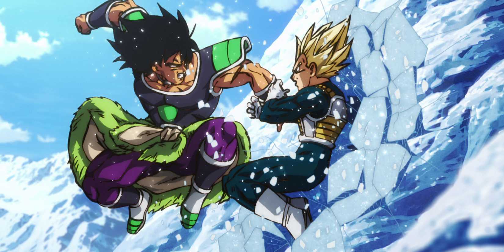 Broly punching Super Saiyan Vegeta into an iceberg in Dragon Ball Super: Broly