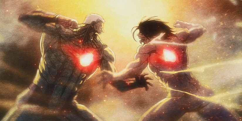 Eren and Reiner's Titans clashing with their hearts burning in Attack on Titan.