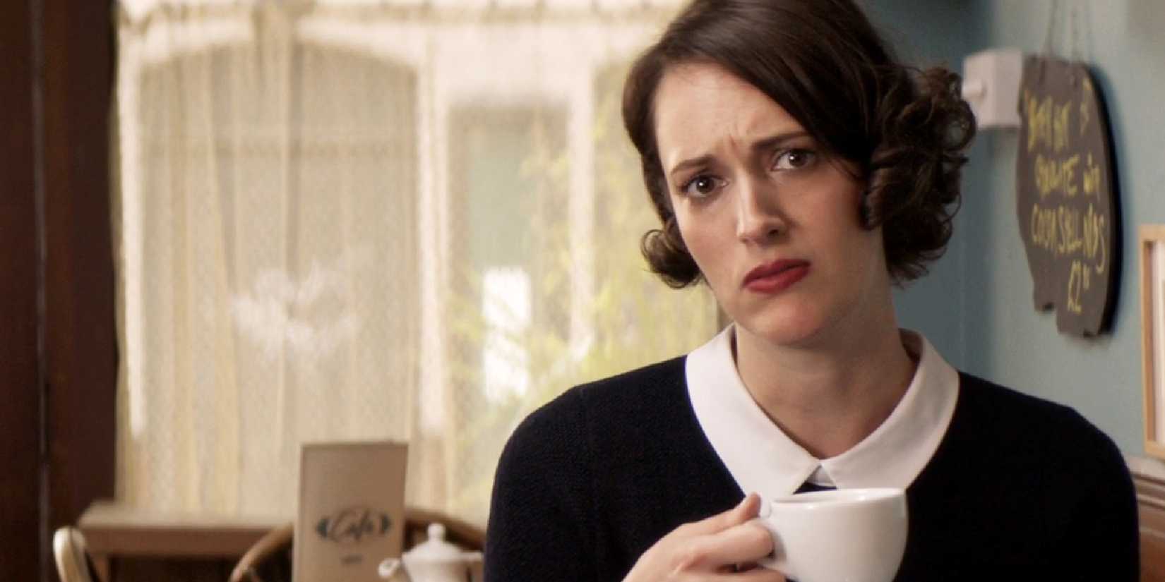 Fleabag looking directly at the camera with a confused expression in Fleabag