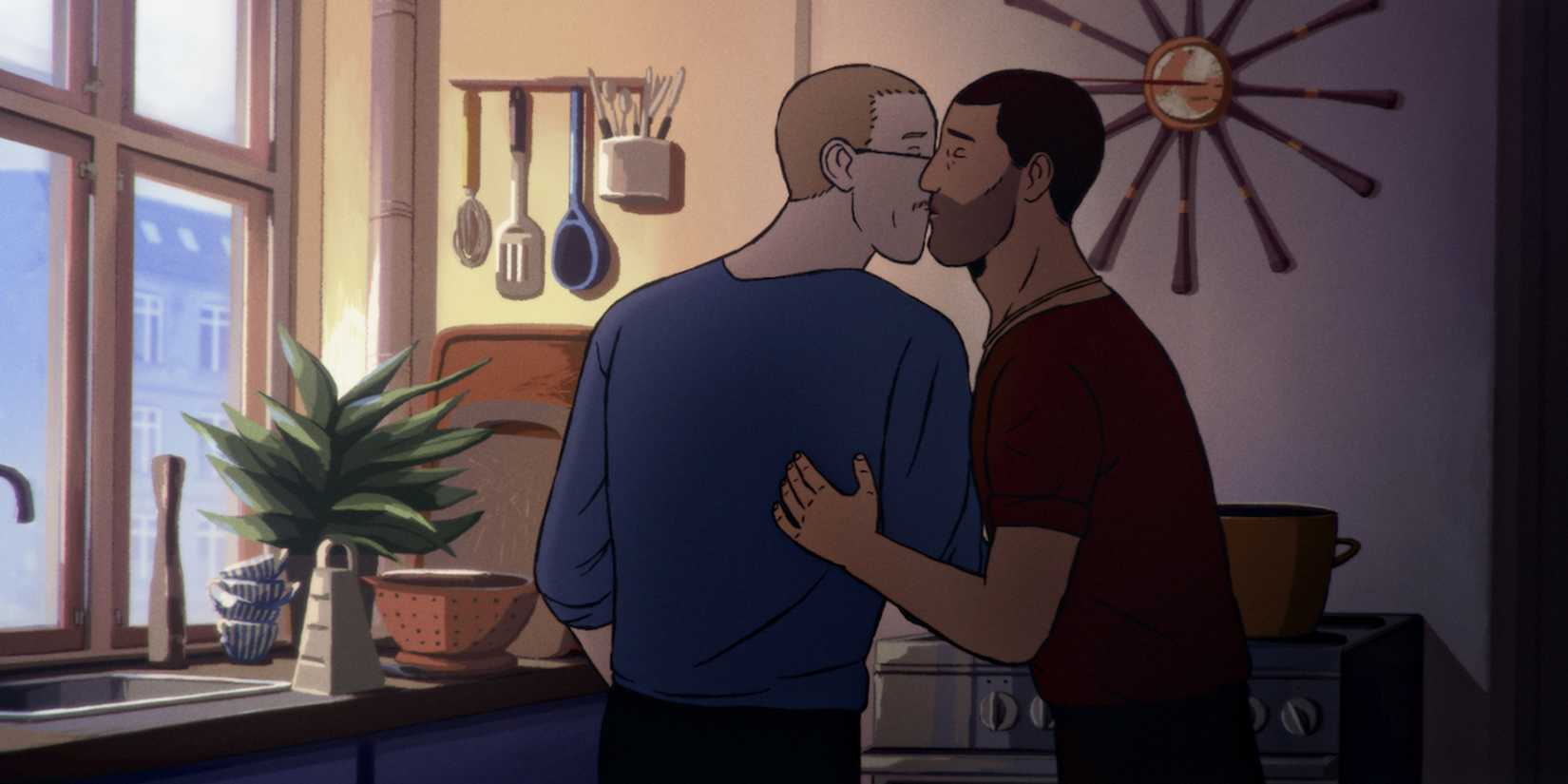 Two men kissing on the kitchen in the film Flee.