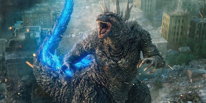 Aerial shot of Godzilla wreaking havoc in Godzilla Minus One