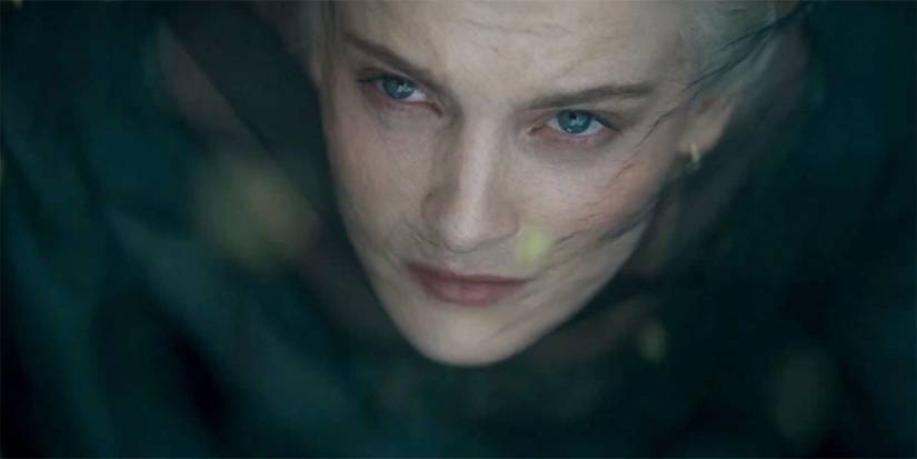 Helaena Targaryen with her face covered by a veil looking up in House of the Dragon Season 2