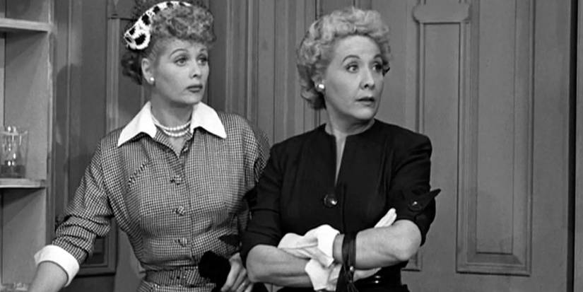 Lucy and Ethel looking serious on I Love Lucy.
