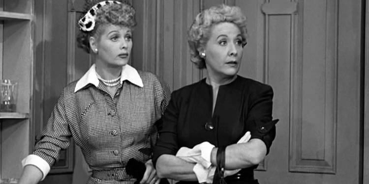 Lucy and Ethel looking serious on 'I Love Lucy'