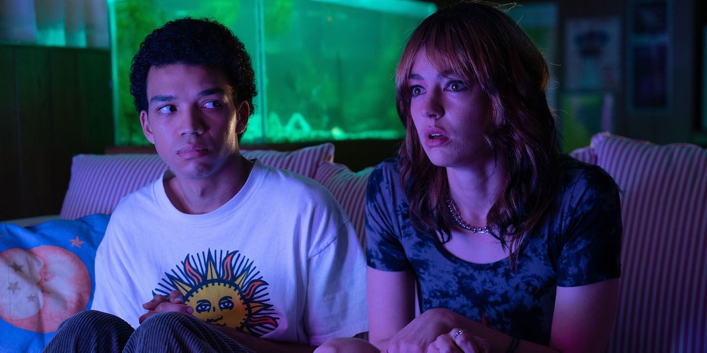A worried Justice Smith (left) looks at a stunned Brigette Lundy-Paine (right) in I Saw the TV Glow. 