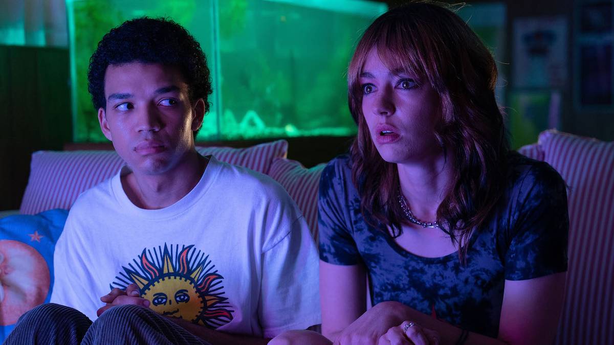 A worried Justice Smith (left) looks at a stunned Brigette Lundy-Paine (right) in I Saw the TV Glow. 