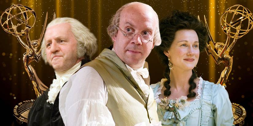 The cast of HBO's John Adams flanked by Emmys