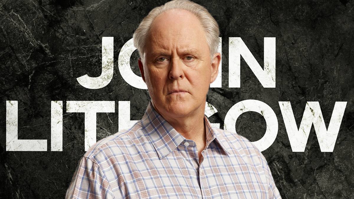 Blended image showing John Lithgow with his name in large white letters on the background.