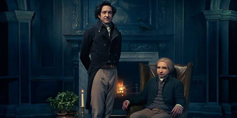 Jonathan Strange and Mr. Norrell in a blue vintage room in vintage clothing on the poster for the series.