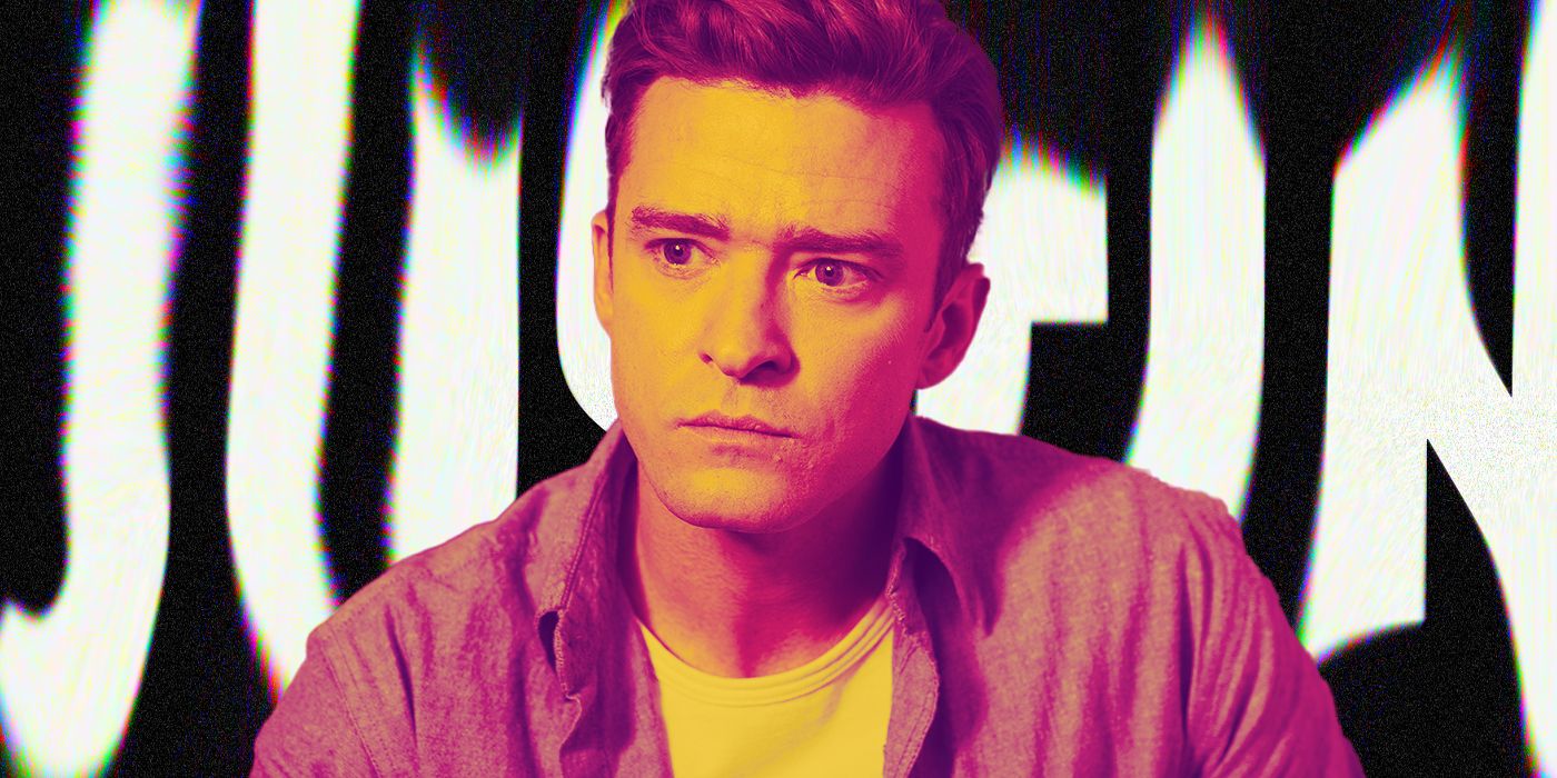 Blended image showing Justin Timberlake with his name in large, white letters in the background.