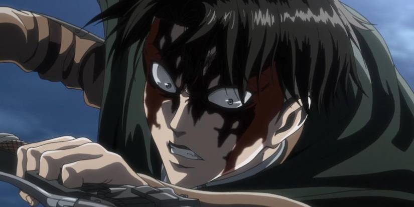 Close-up on Levi Ackerman bloody and rageful in Attack in Titan.