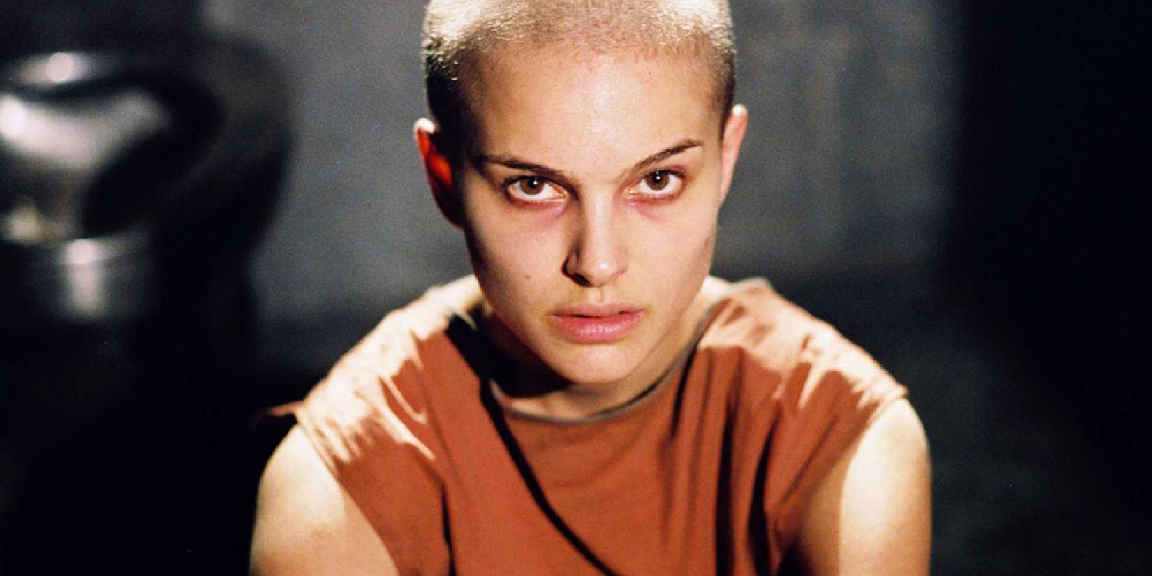 A close-up shot of Natalie Portman after getting her head shaved in V for Vendetta