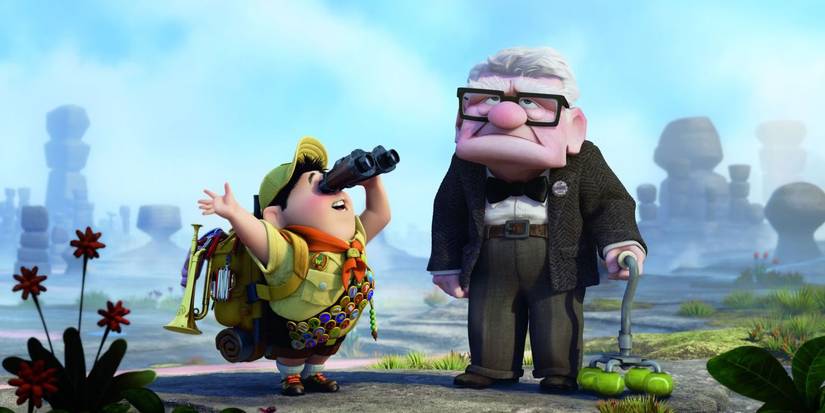 Russell looking at Carl with a pair of binoculars in an exotic landscape in Pixar's Up