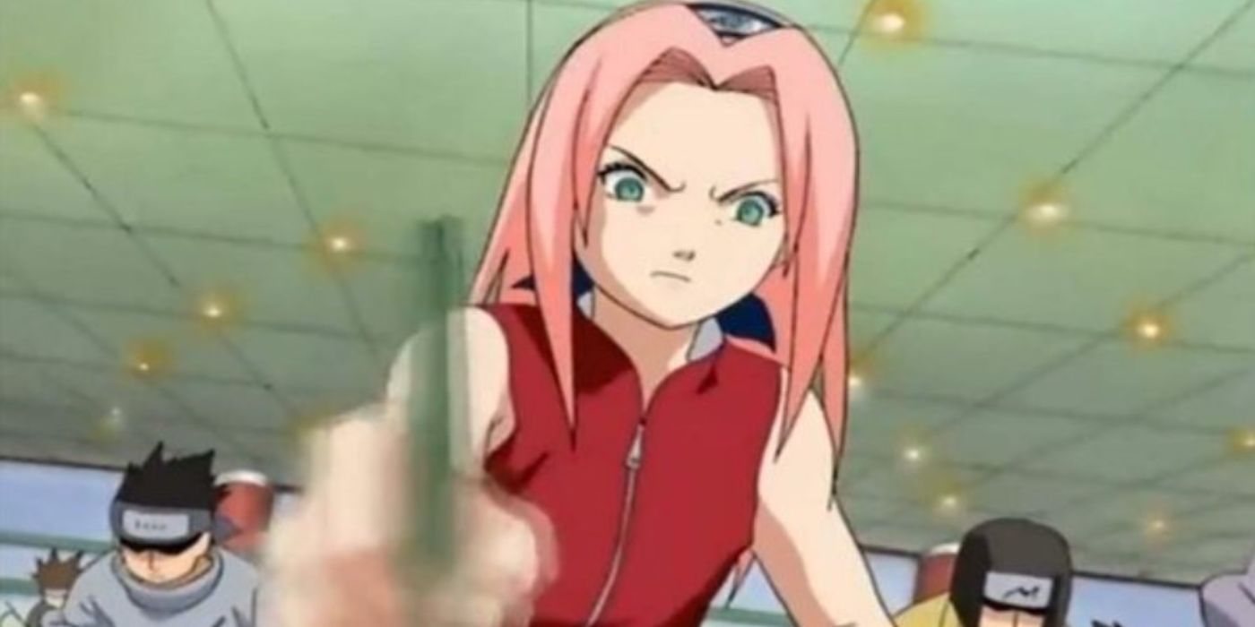 Sakura writing furiously during the Chunin Exams in 'Naruto'