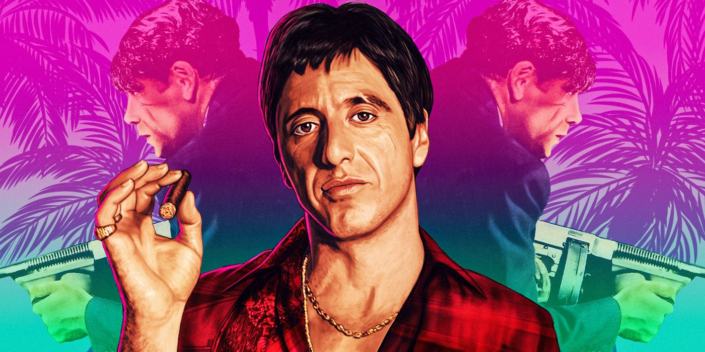 Al Pacino as Tony Montana from the Scarface remake against a background featuring Paul Muni from the original