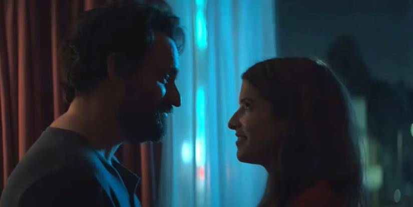 Jake Johnson as Tommy looking into the eyes of Anna Kendrick as Maddy in Self Reliance