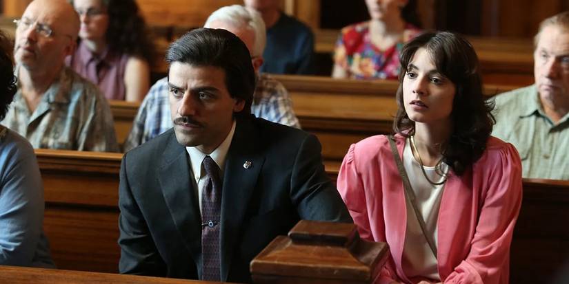 Oscar Isaac as Nick Wasicsko and Carla Quevedo Nay Noe Wasicsko in a courtroom in 'Show Me a Hero' (2015).