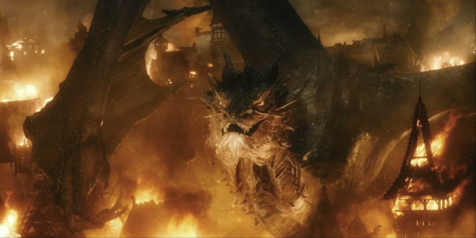 Smaug destroying a town and smiling cruelly in The Hobbit: The Desolation of Smaug