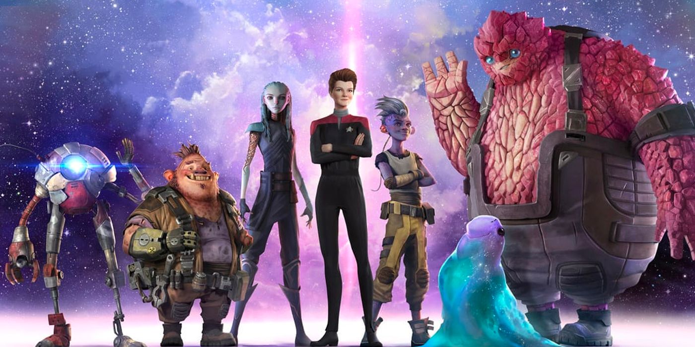 The ensemble characters of Star Trek: Prodigy standing against a nebula background