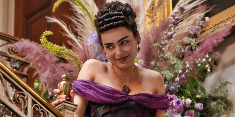 Aubri Ibrag wearing a purple dress and smiling in The Buccaneers Episode 4