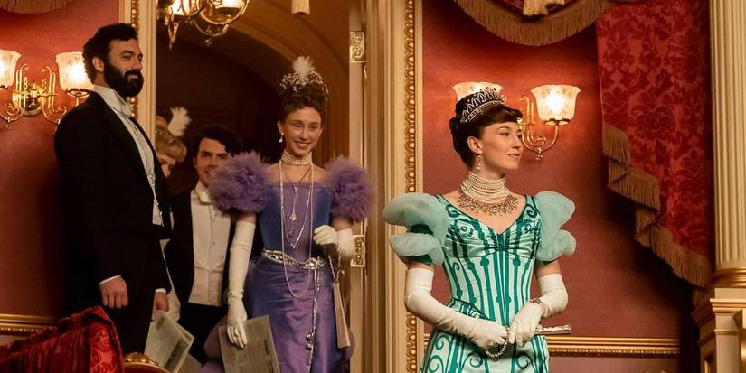 Bertha Russell (Carrie Coon), George (Morgan Spector), and Gladys (Taissa Farmiga) entering an opera box in 'The Gilded Age' Season 2 finale