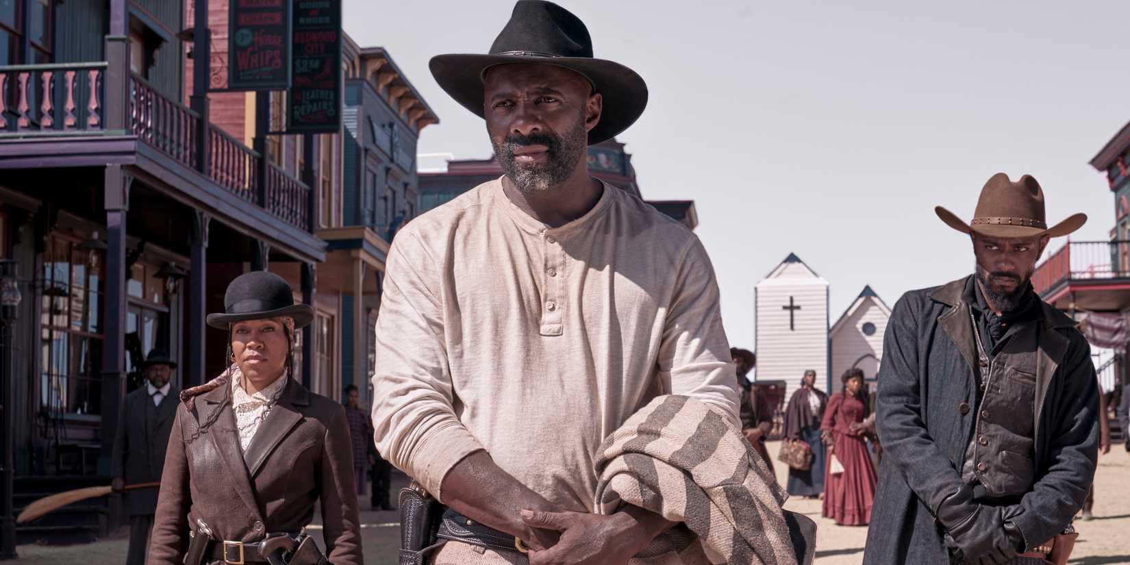 Idris Elba, Regina King, and LaKeith Stanfield meet for a stand-off in The Harder They Fall