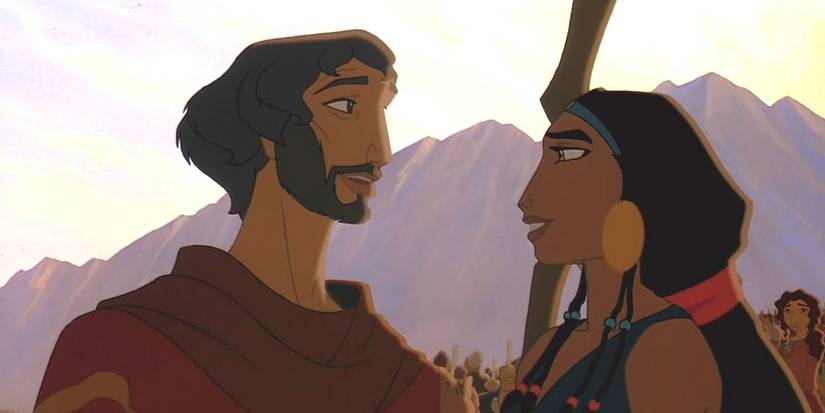 Moses and Tzipporah, voiced by Val Kilmer and Michelle Pfeiffer, staring at one another lovingly in The Prince of Egypt