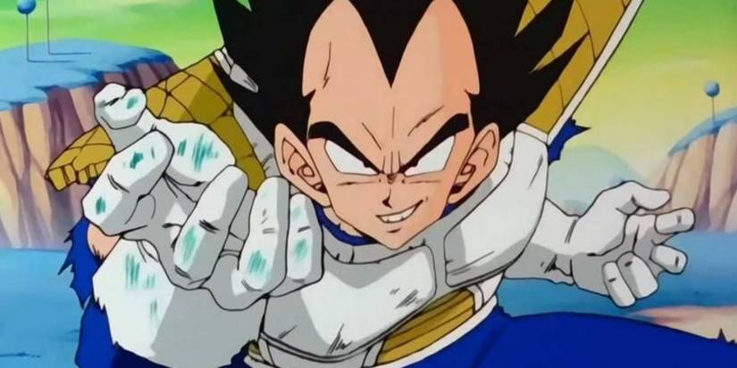 Vegeta smiling and gesturing for more during a fight in Dragon Ball Z