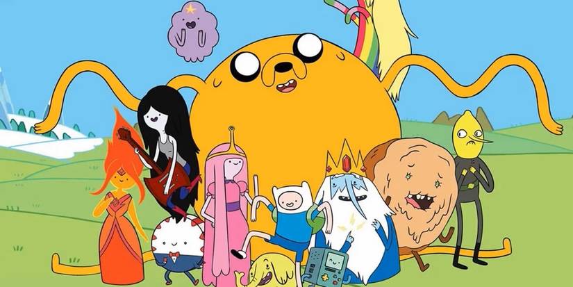 Karakter Adventure Time berdiri bersama di poster yang dipotong.