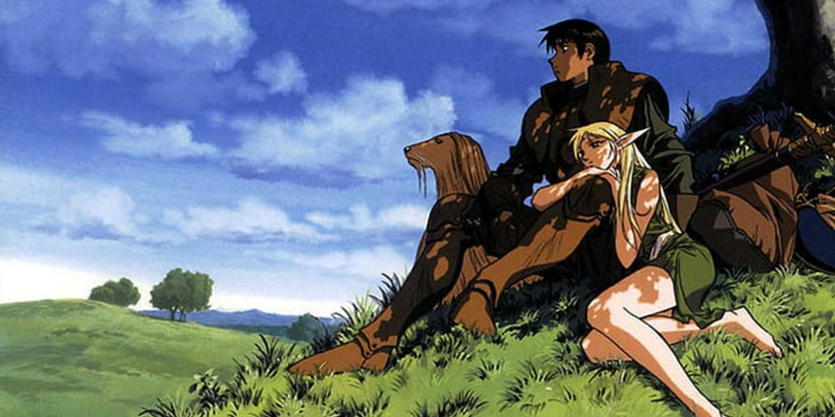 Seorang pria dan seorang wanita dengan telinga peri duduk di bawah naungan pohon dalam rekor anime Series of Lodoss War.