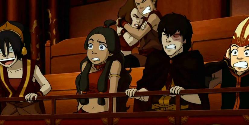Aang, Catara, Zuko, Foot, Customer, dan Toph Cringing dan A Play in Avatar: The Last AirBrench