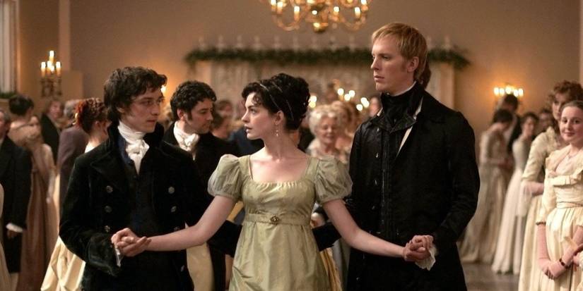 Tom (James McAvoy), Jane (Anne Hathaway), and Mr. Wisley (Laurence Fox) at a ball in Becoming Jane.