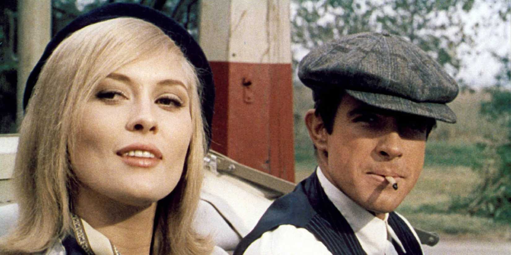 Bonnie and Clyde sitting in a convertible, looking in the same direction in Bonnie And Clyde (1967).