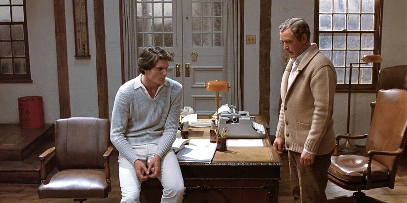 Michael Caine as Sidney and Christopher Reeve as Clifford together in an office in Deathtrap (1982)
