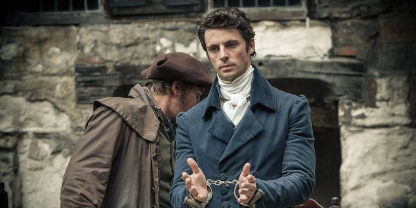 Matthew Goode as Mr Wickham wearing handcuffs during his trial in Death Comes to Pemberley.