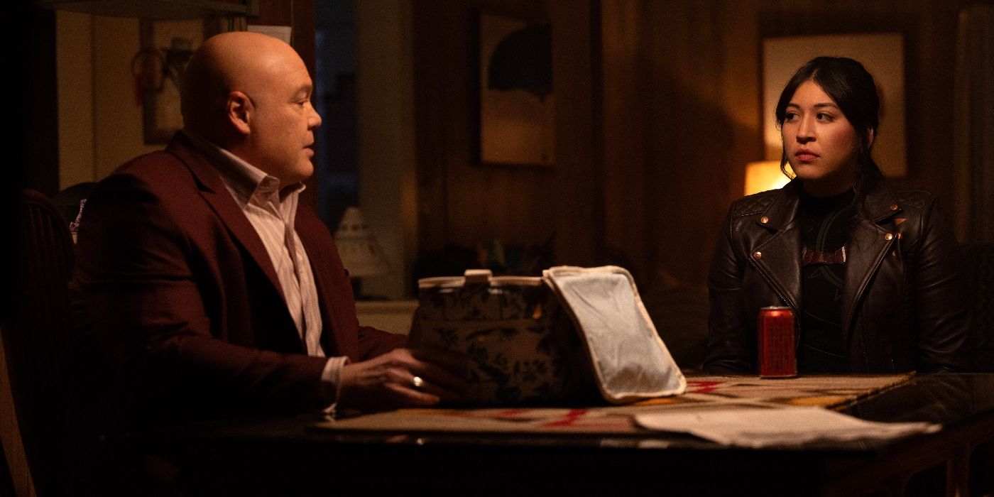 Vincent D&rsquo;Onofrio as Kingpin and Alaqua Cox as Maya Lopez sitting at a dinner table in Echo Episode 4