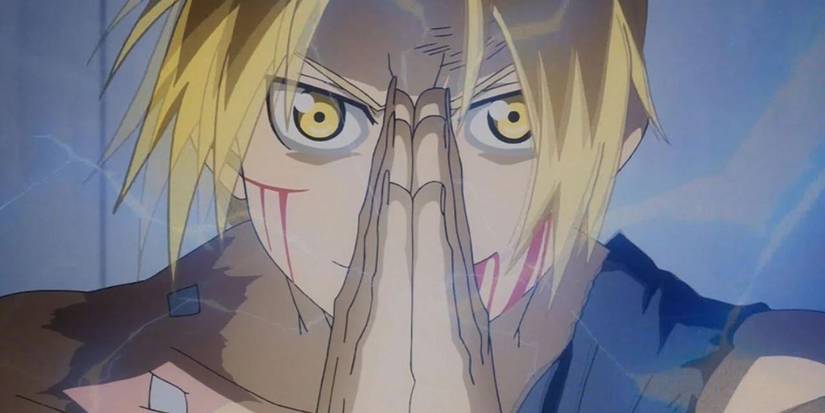 Edward Elric prepares to use Alchemy with a new arm in Fullmetal Alchemist: Brotherhood.