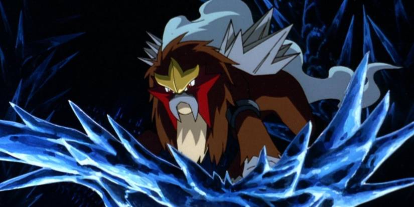 Entei, kas stāv kristāla platformā, skatoties lejā Pokémon 3 filmā