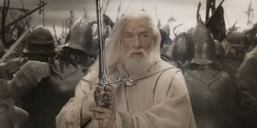 Gandalf wields Glamdring at the Battle of the Black gate in The Lord of the Rings: Return of the King