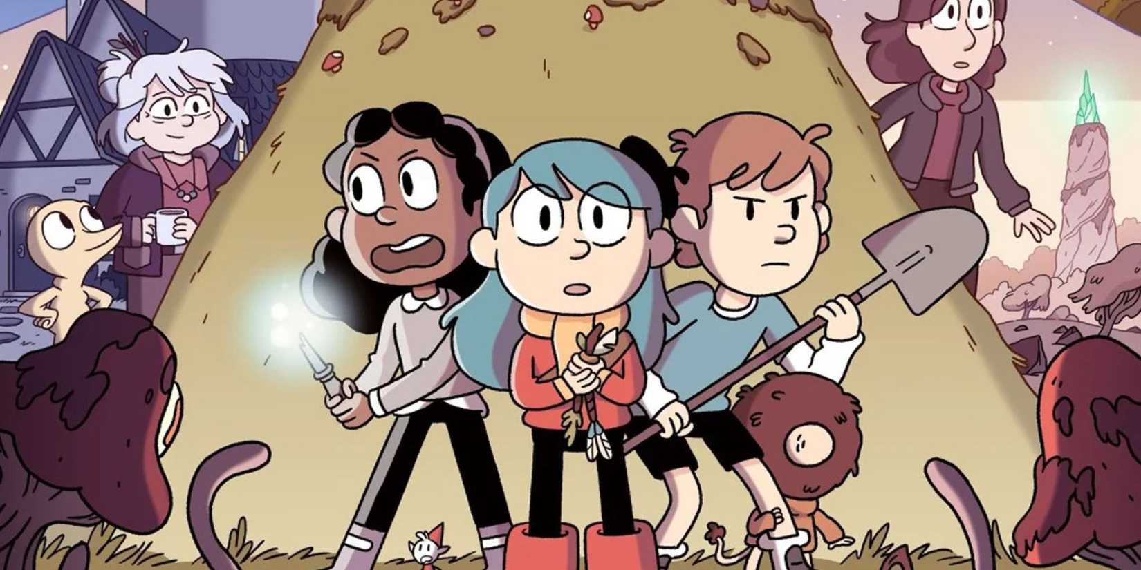 Promo poster of the main characters from Hilda holding makeshift weapons and looking anxious.