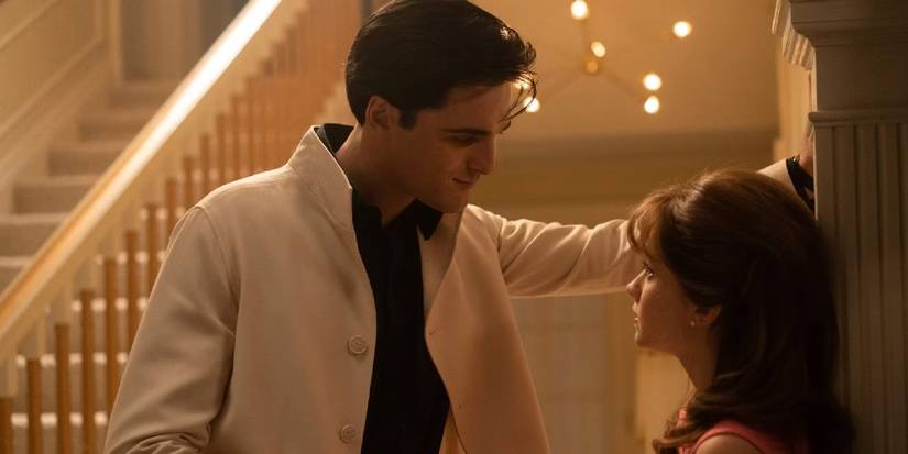 Jacob Elordi as Elvis Presley looking at Cailee Spaeny as Priscilla Presley and smiling in Priscilla