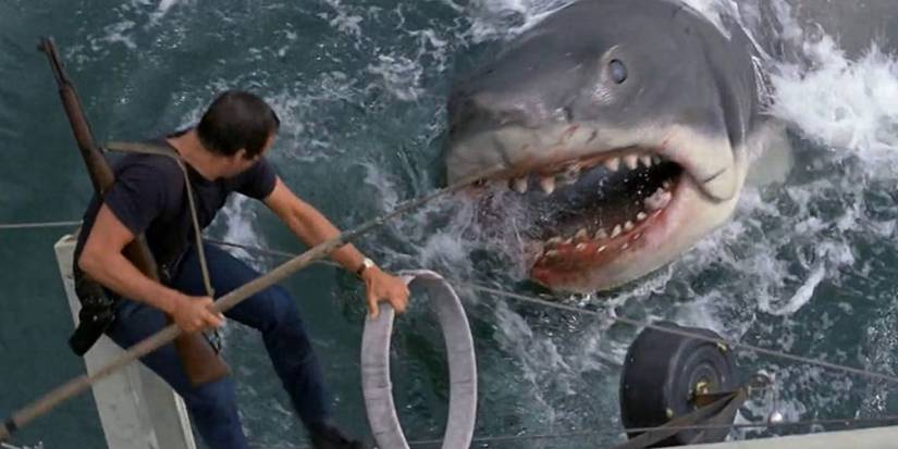 The shark emerges from the sea to attack Brody (Roy Scheider) on a boat in 'Jaws'.